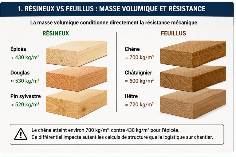 Différentes classes et essences de bois de construction
